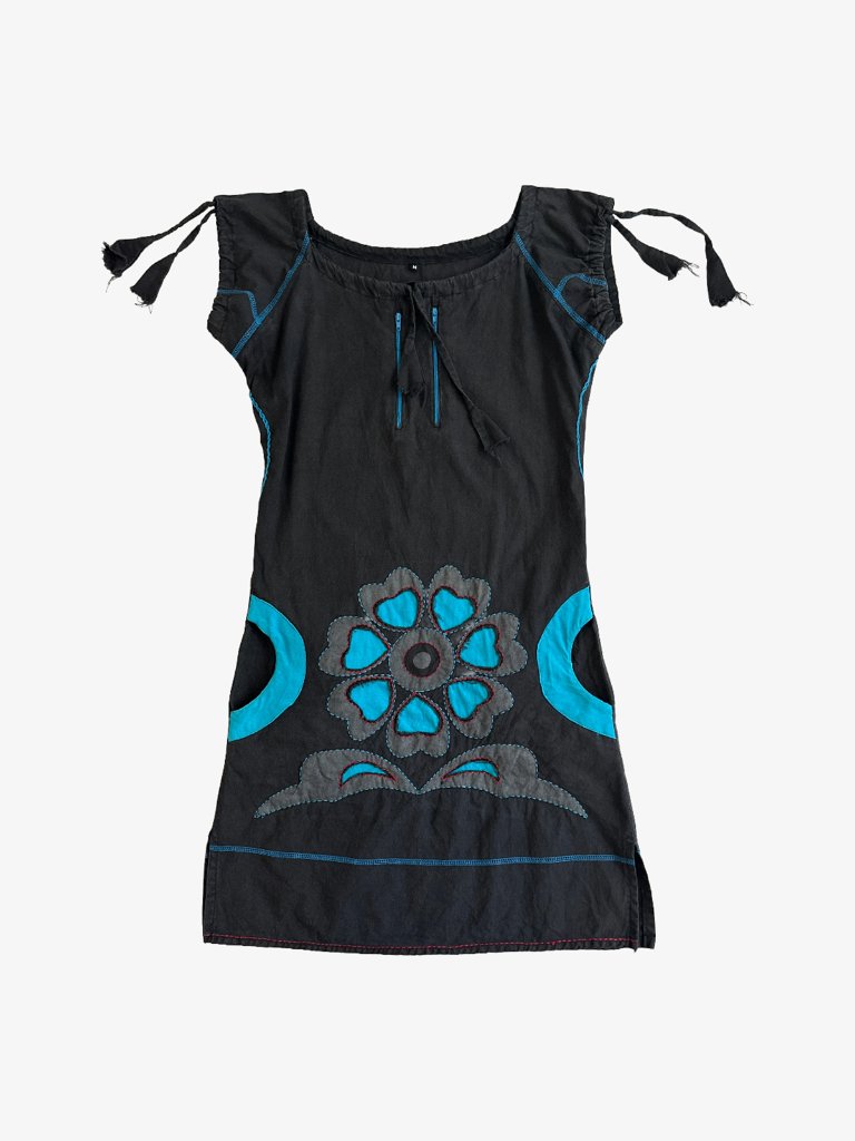 Vintage Y2k Washed Black Boho Floral Applique Contrast Stitch Tunic Dress